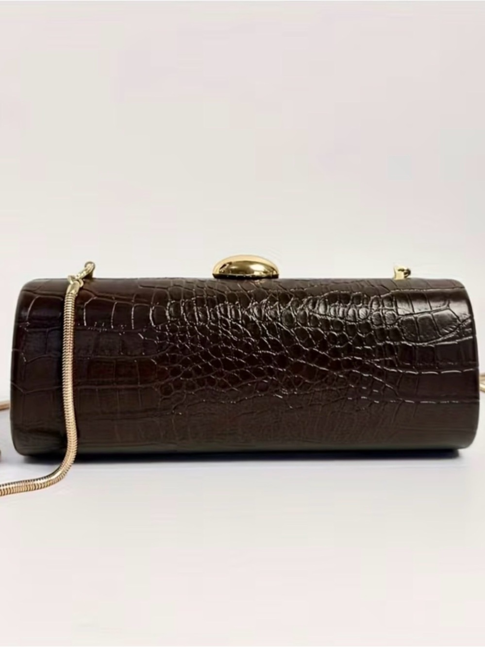 Dark Brown Croc-Embossed Cylinder Clutch with Gold Chain